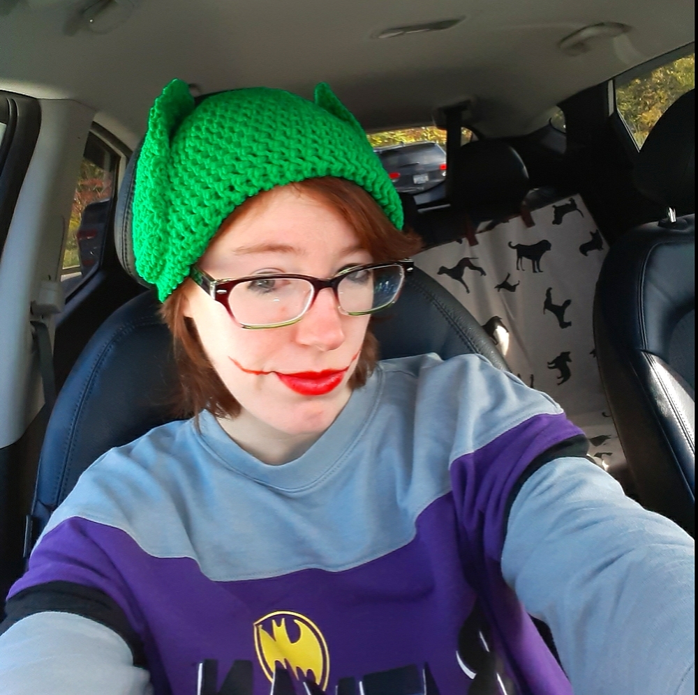 Hand crocheted green Batman / super hero beanie